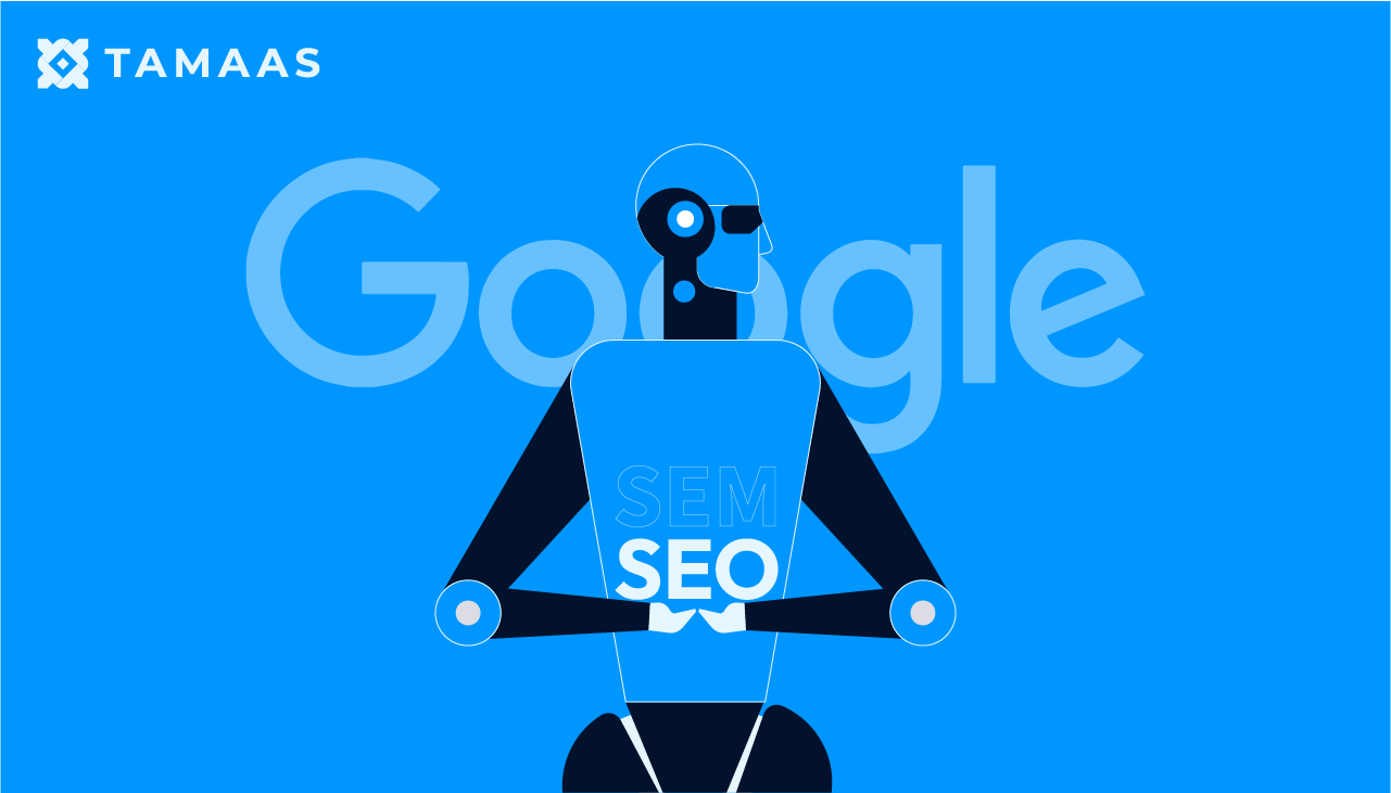 صورة لروبوت يحمل كلمة sem وكلمة seo بين يديه  وفي أعلى الصورة كلمة Google